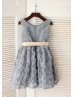 Gray Rosette Knee Length Flower Girl Dress With Champagne Sash